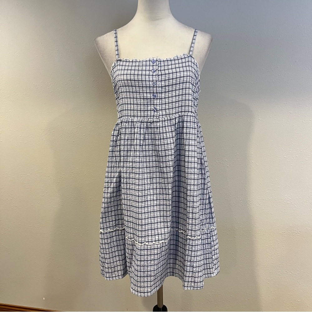 Very J Blue and White Plaid mini Dress with‎ straps size medium